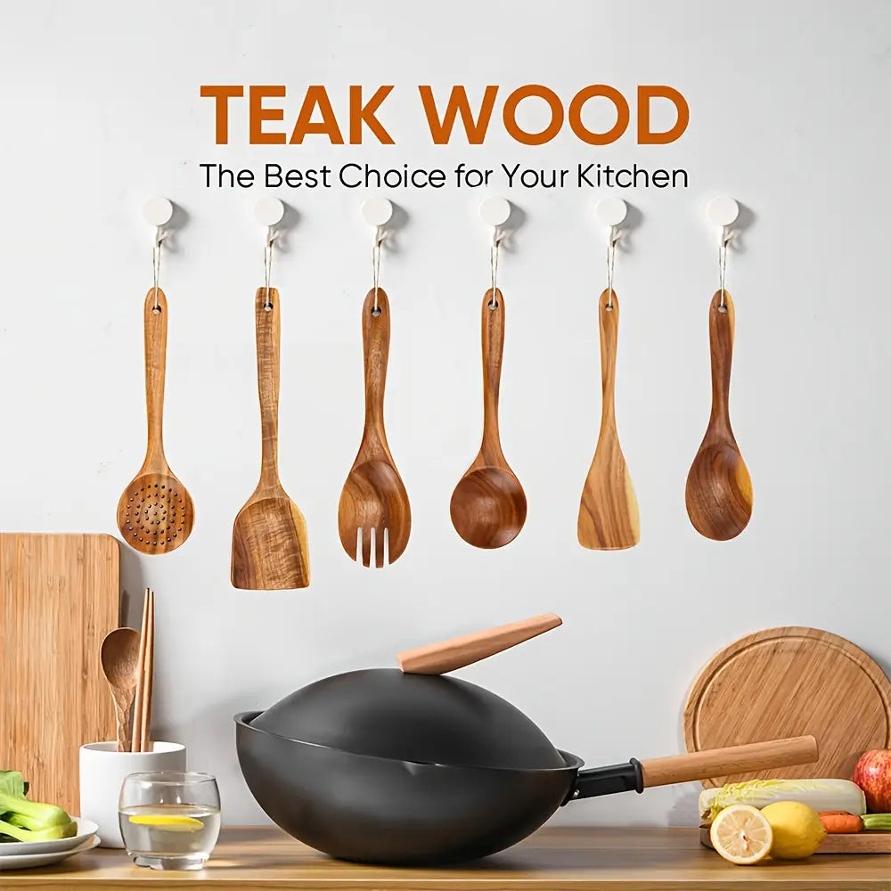 6pcs Teak Wooden Cooking Utensil Set - Comfort-Grip, Non-Stick, Smooth Finish Wood Spoons