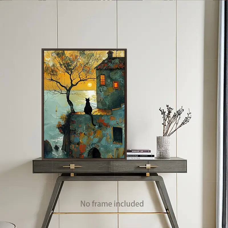 Canvaskunst met zwarte kat op zonsopgang – 12x16 waterdichte, frameloze print voor thuis en kantoor