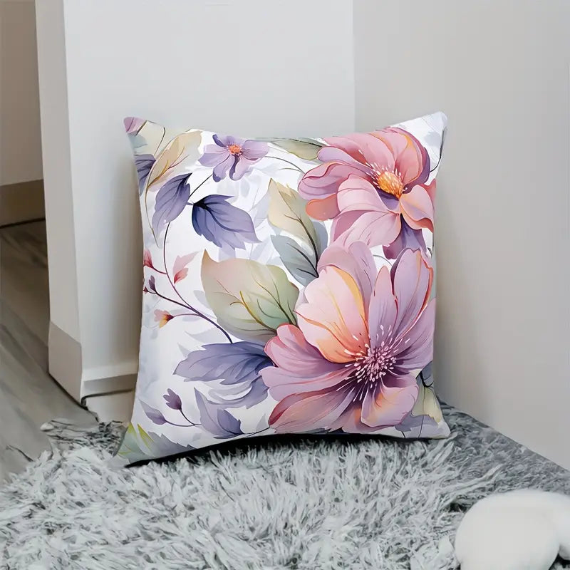 Lot de 4 housses de coussin vintage à motif floral violet – Imprimé recto verso, lavables en machine (45 x 45 cm)