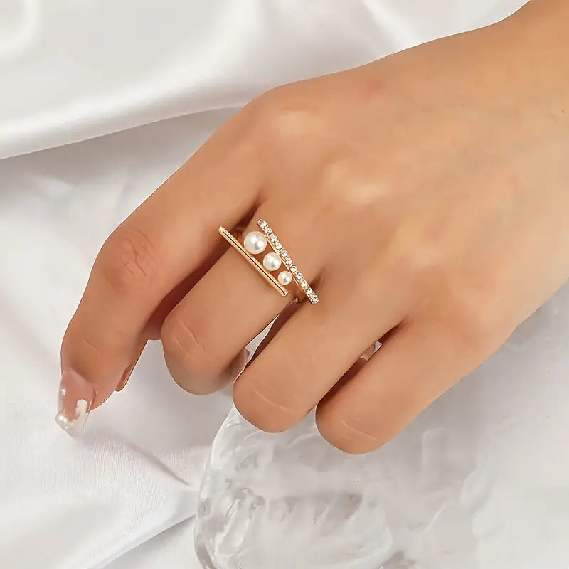 Bague ouverte réglable au design irrégulier, avec perles d'imitation et strass
