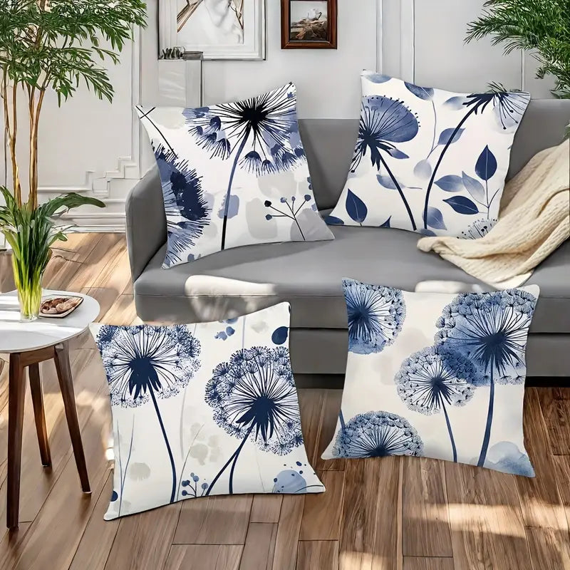 4PCS Dandelion Throw Pillow Covers – Blue & White Modern Cushion Cases for Living Room Décor