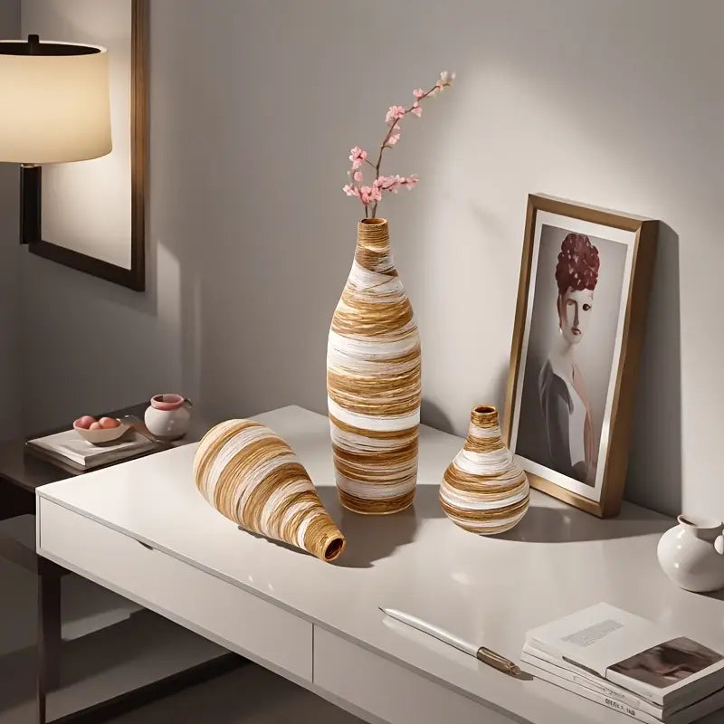 Rustic Ceramic Vase Set - Handcrafted Striped Bud Vases for Home Decor