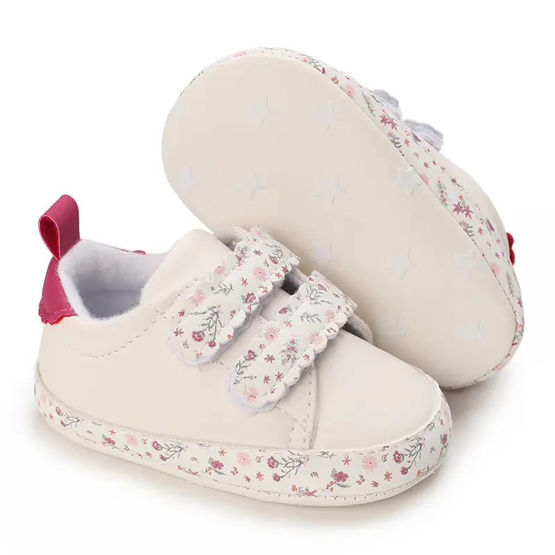 Floral Low-Top Sneakers for Girls | PU Upper, Flat Sole, Adjustable Strap for Toddlers