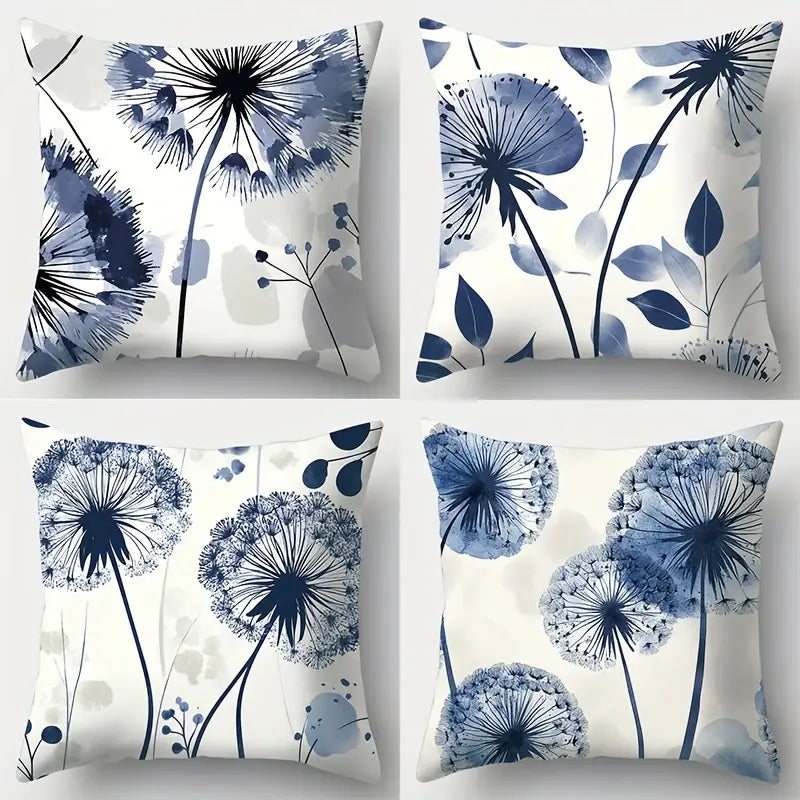 4PCS Dandelion Throw Pillow Covers – Blue & White Modern Cushion Cases for Living Room Décor
