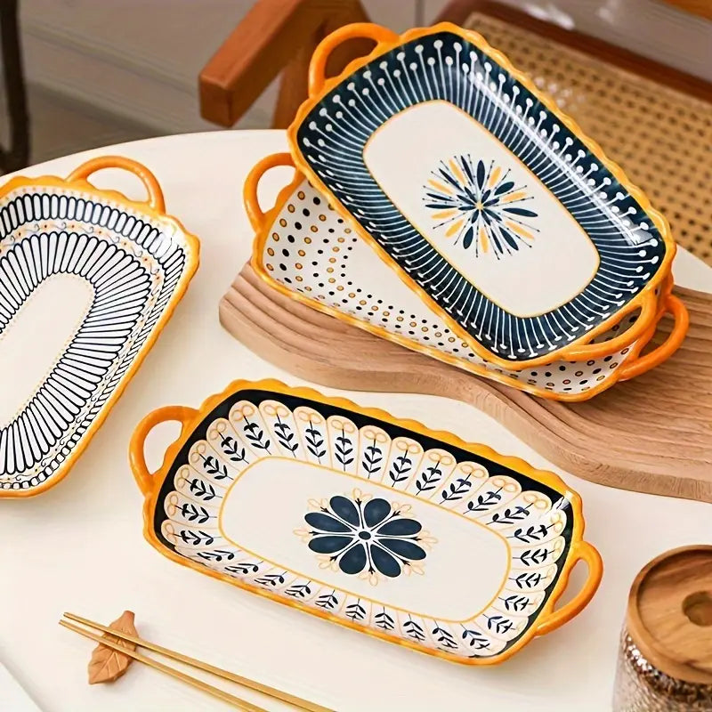 4pcs Set Ceramic Serving Plates with Handles - 30.48cm Rectangular, Nordic-Inspired Design