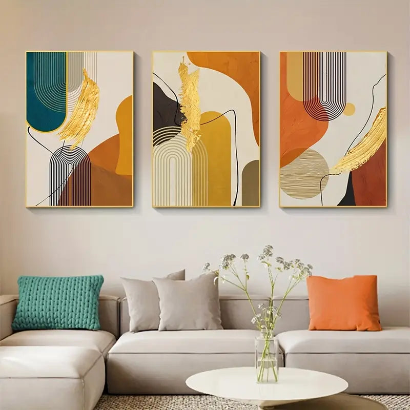 3 stuks luxe abstract canvas schilderij - Nordic gouden posterprint voor thuis en kantoor