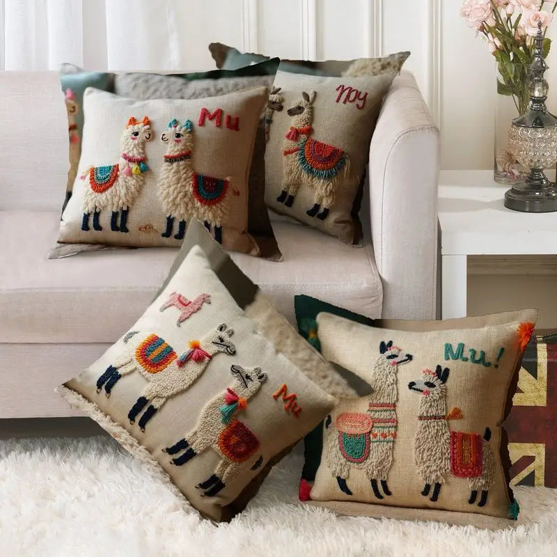 Boho Alpaca Pillow Covers 4pcs - Embroidered Decorative Cushion Cases