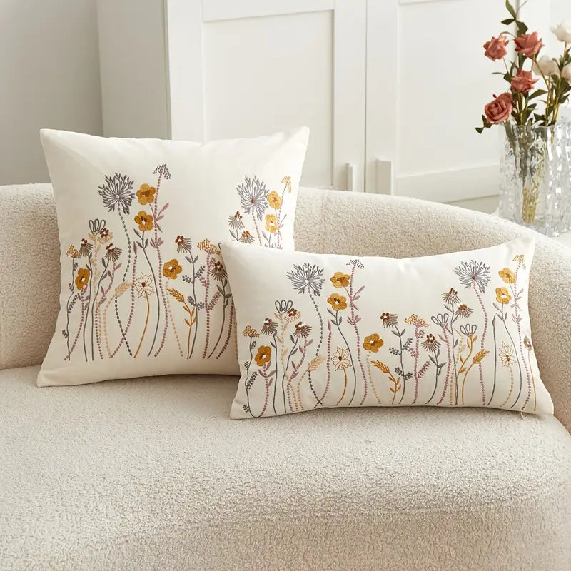 Embroidered Floral Pillow Cover - Woven Polyester Home Decor