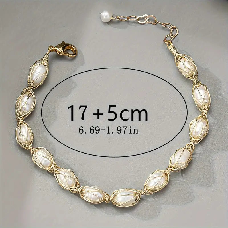 18K Gold Pearl Bracelet - Handwoven Chain Elegant Jewelry
