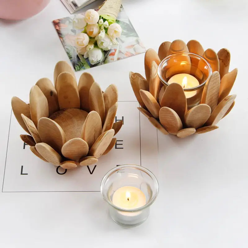 Lot de 2 bougeoirs en bois en forme de pétales de lotus – Décoration rustique avec coupelles en verre