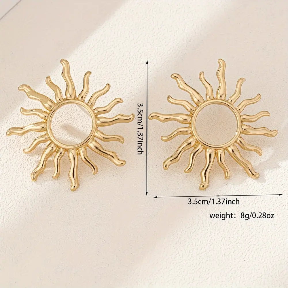 1 Pair Boho-Chic Sunflower Stud Earrings - Golden-Toned with Hollow Circle Design