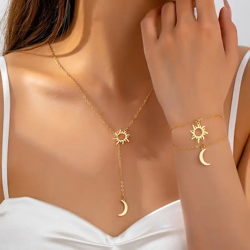 Sun & Moon Jewelry Set: Bracelet Necklace - Celestial Charm