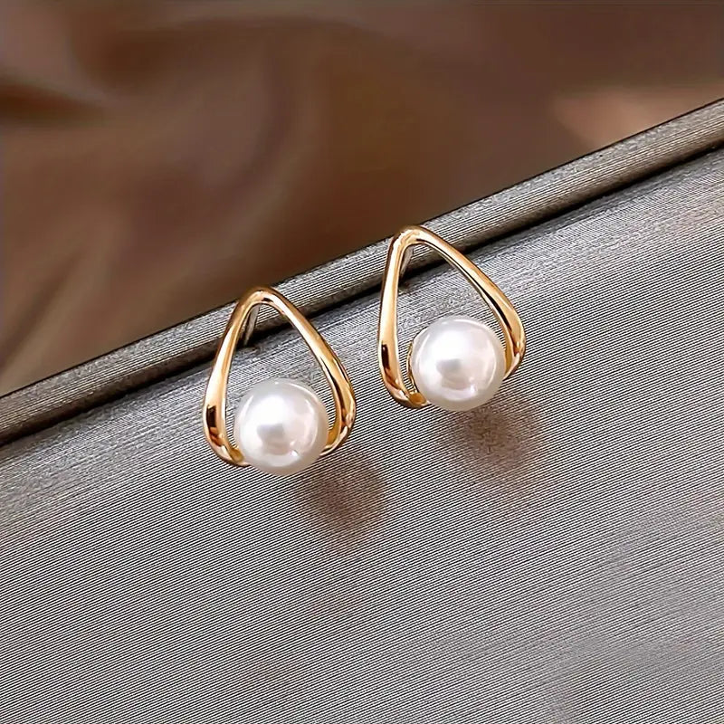 Pearl Stud Earrings Women French Drop Copper Post
