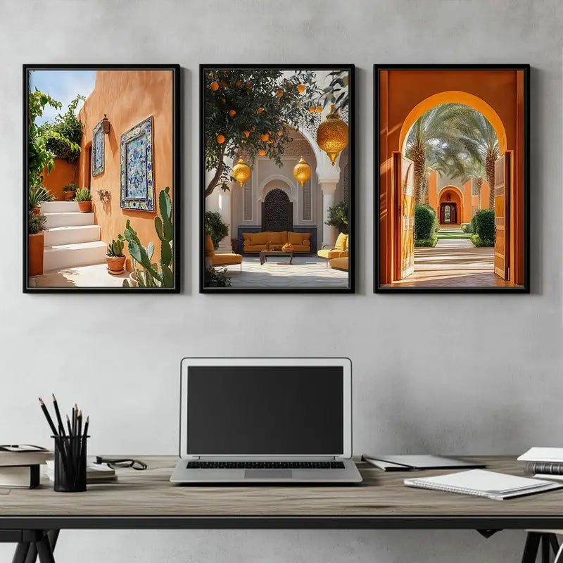 3 stuks moderne oranje botanische en architectuur canvas prints - oningelijste wandkunst voor thuis en kantoor
