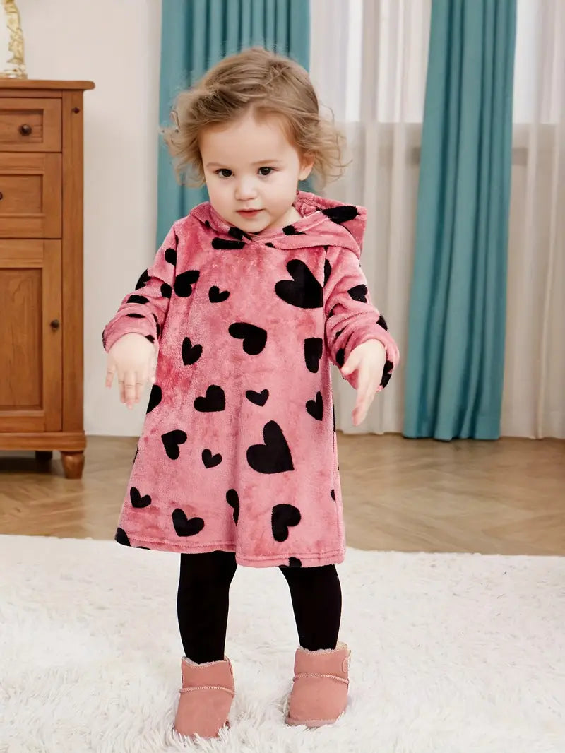 Robe à capuche pour bébé fille | Tenue à manches longues et motif cœurs pour l'automne et l'hiver