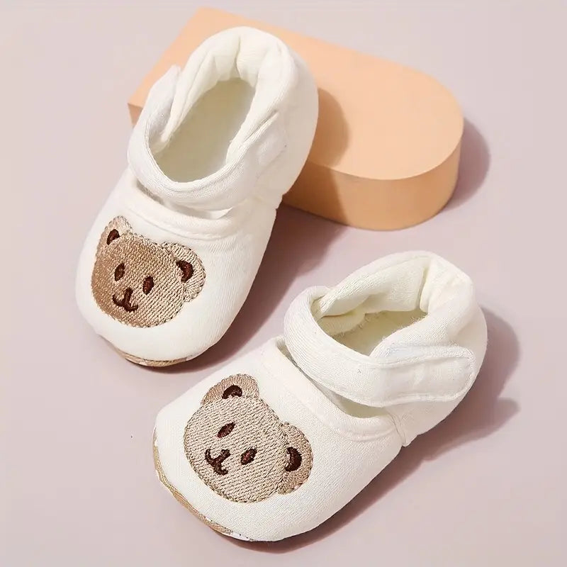Cartoon Bear Embroidered Baby Shoes | Soft Fabric Slip-On Walking Shoes for Boys & Girls