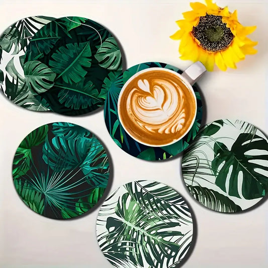6-Piece Tropical Leaf Design Wooden Coasters Set
