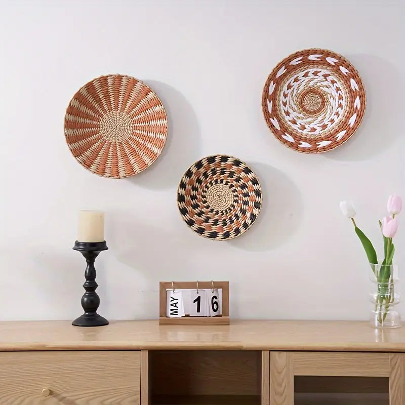 3pcs Bohemian Wall Basket Set - Handwoven Grass Decor