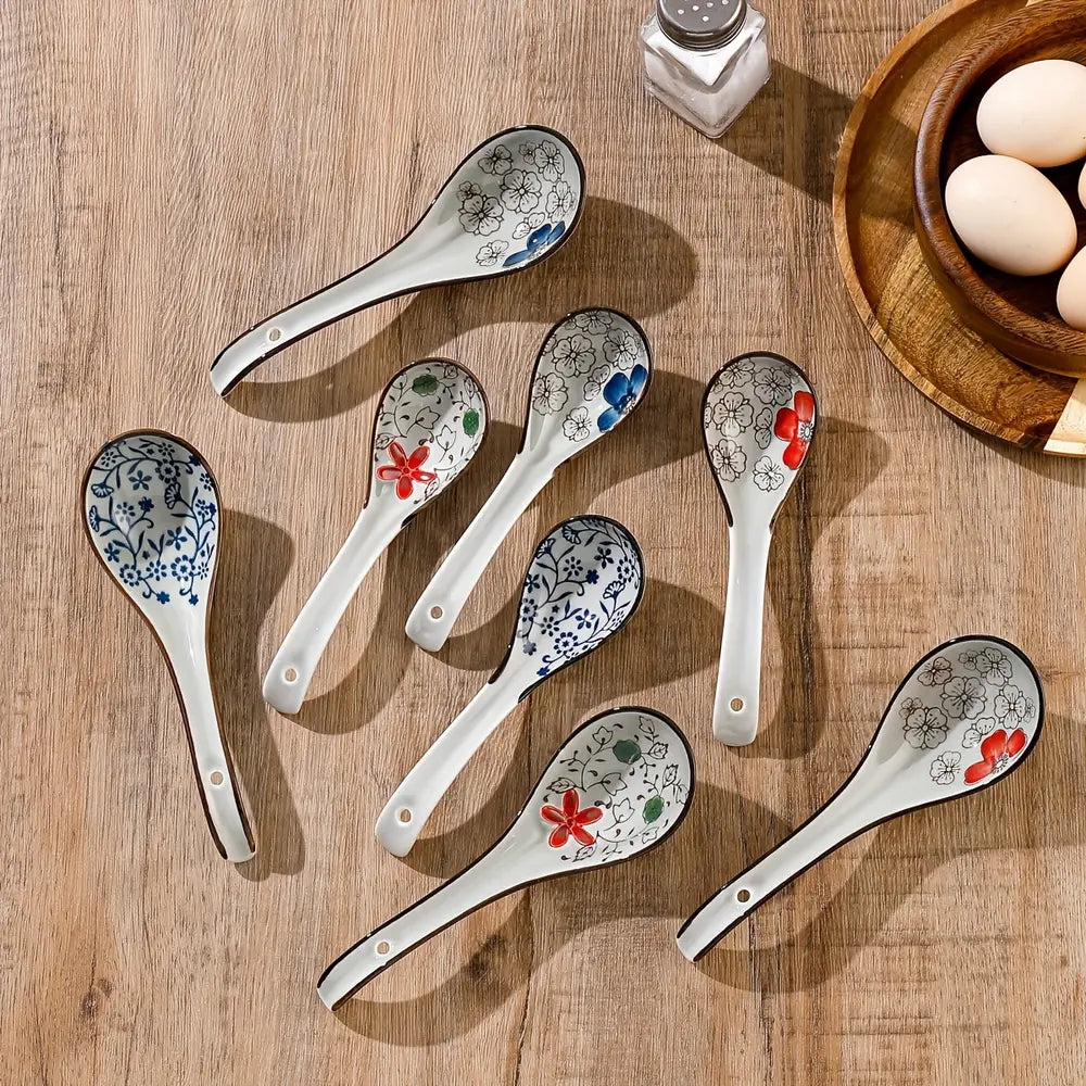 4pcs Japanese Floral Pattern Ceramic Soup Spoons
