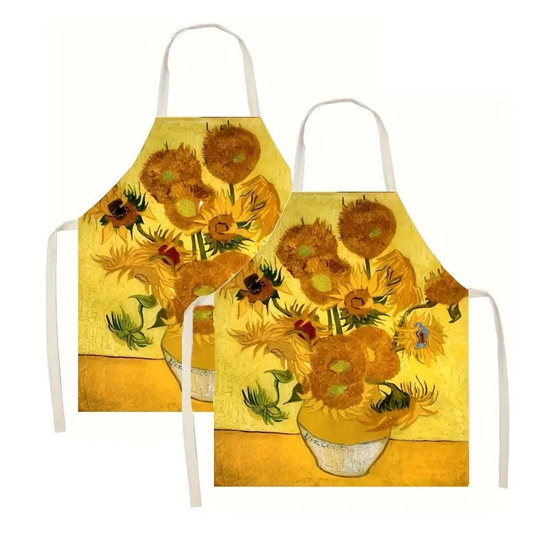 1pc Sunflower Pattern Linen Apron, 100% Linen Woven Fabric