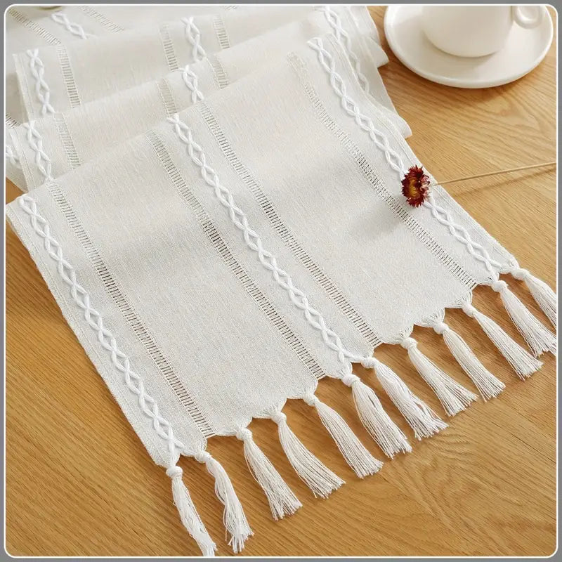 Rustic Boho Farmhouse Table Runner – Linen with Tassels, Handmade Embroidery