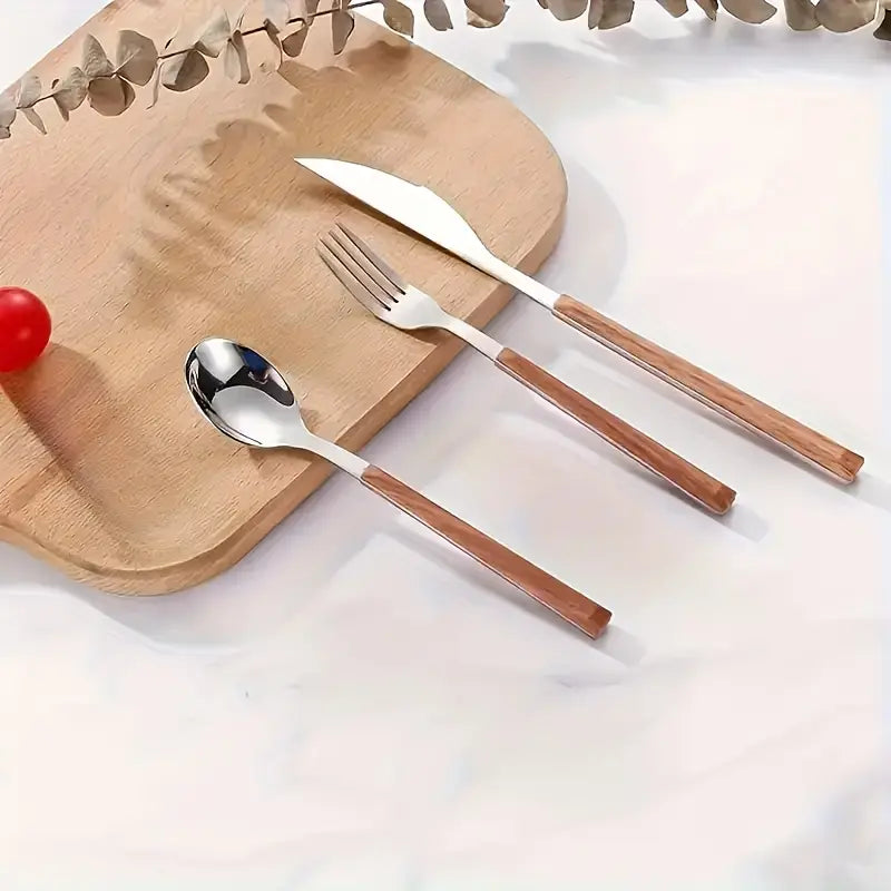 12pcs tableware with wood handles - including 3 forks, 3 spoons, 3 knives, and 3 dessert spoons