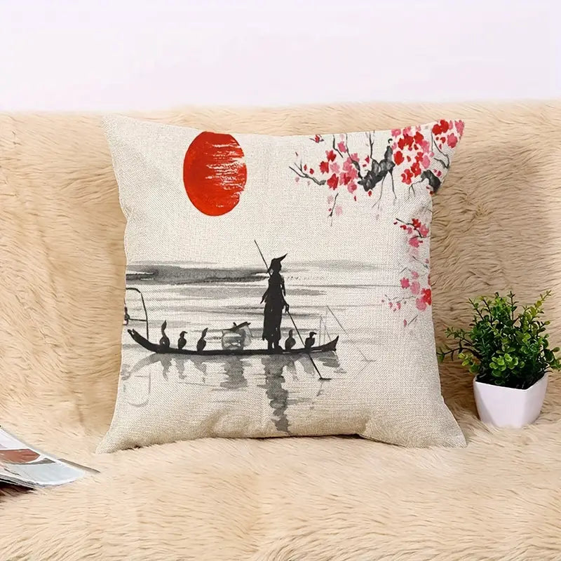 Watercolor Japanese Boat Scene Linen Throw Pillow Cover – Machine Washable Zippered Case