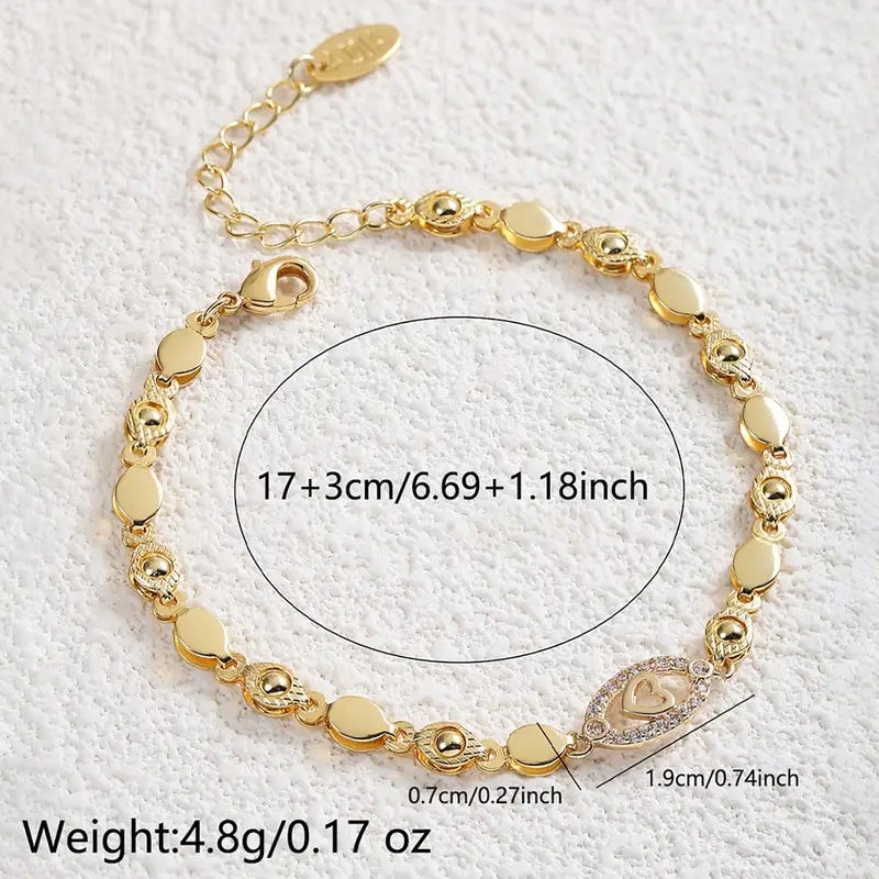 Gold Plated Heart Bracelet - CZ Leaf Charm