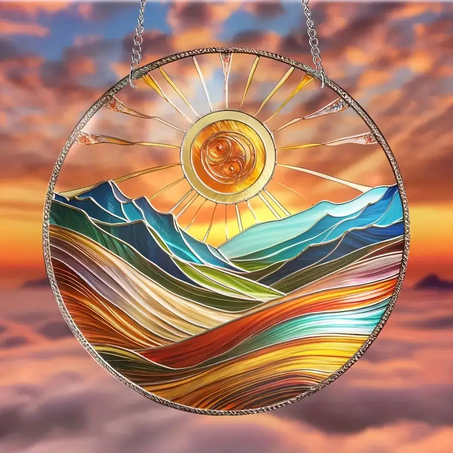 Boho Style Acrylic Stained Glass Sun & Mountain Wall Art, 14.48 cm