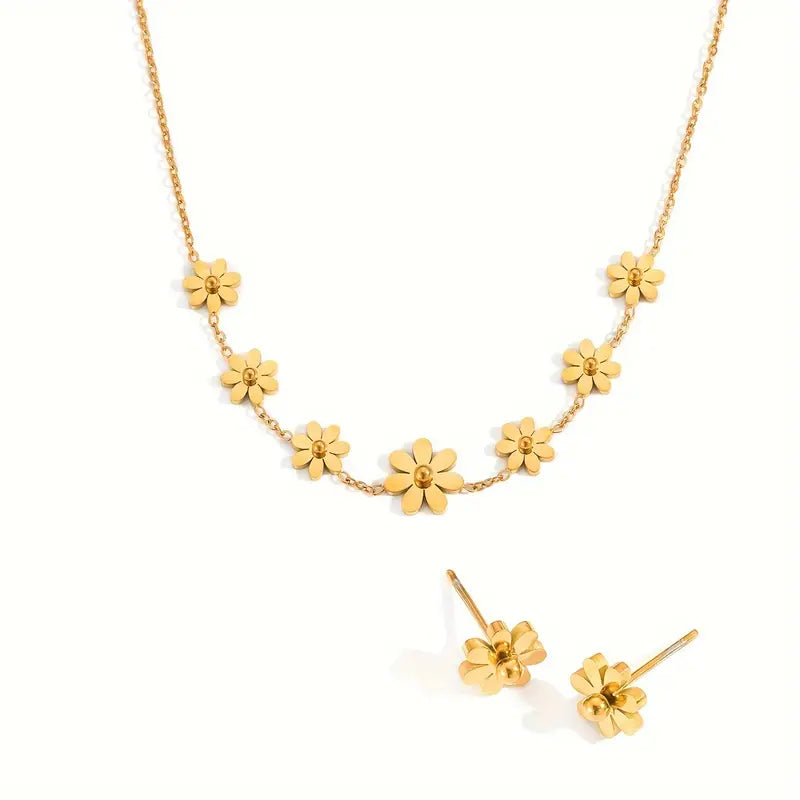 18K Gold Plated Necklace Earrings Set - Stainless Steel Jewelry