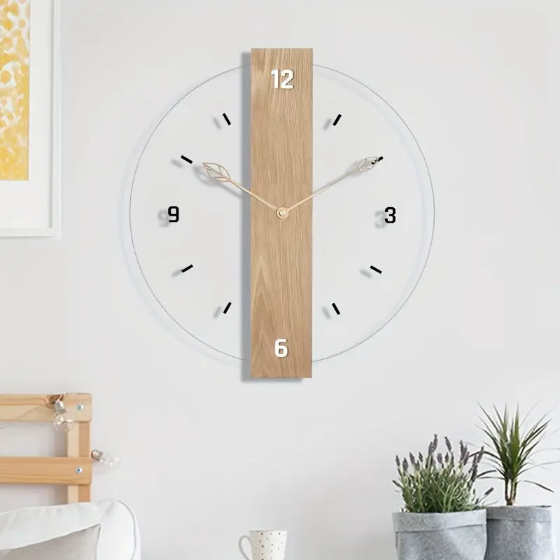 Silent Wall Clock - Wood Leaf, Acrylic, No Ticking