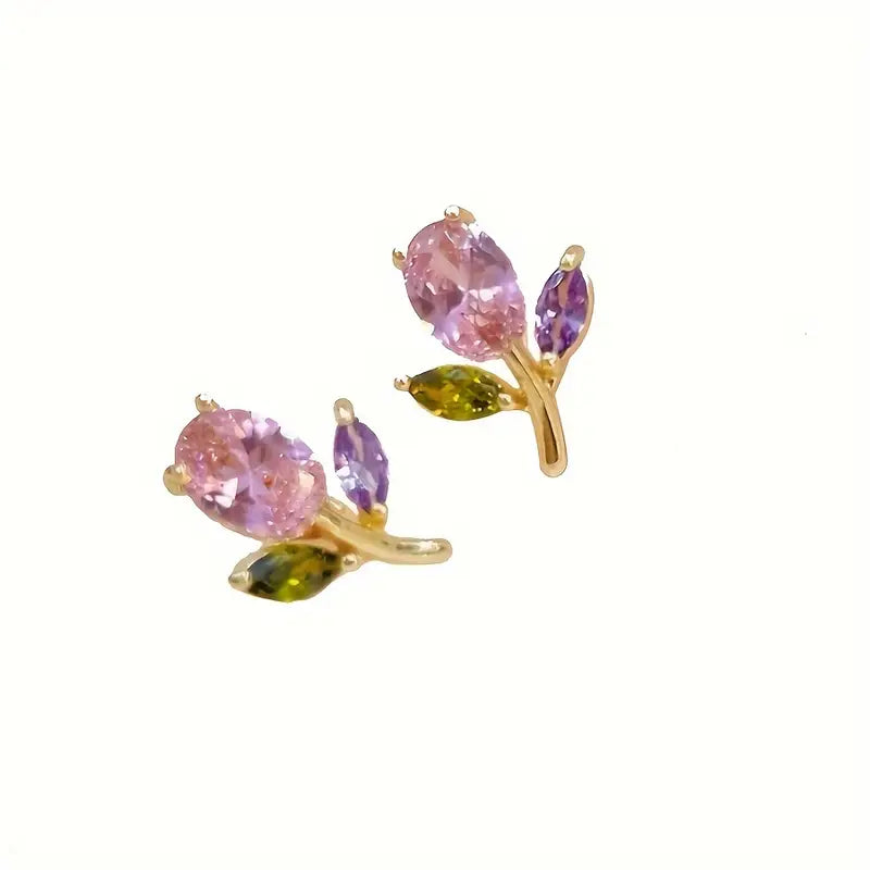 Tulip Stud Earrings: Colorful Gemstone Alloy Jewelry