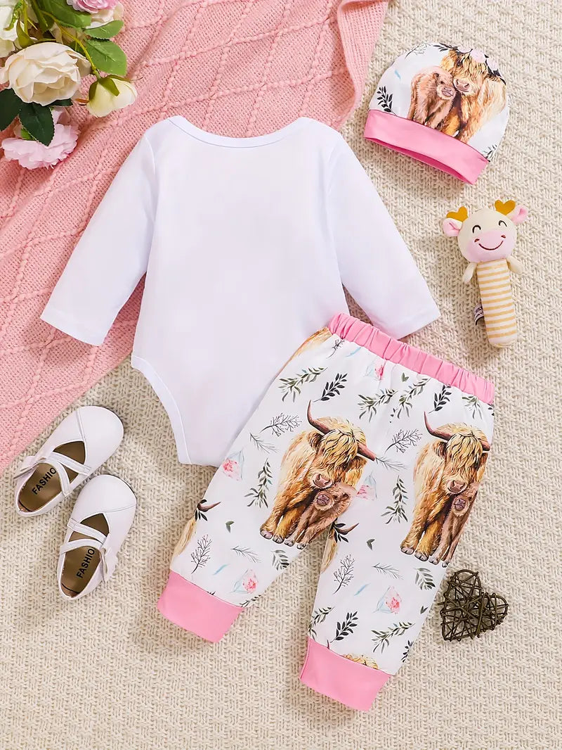 Ensemble 2 pièces pour bébé fille | Body, bonnet et pantalon à imprimé vache
