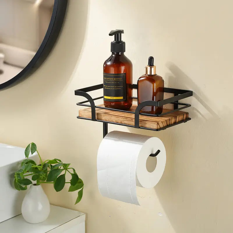 Wall Mount Toilet Paper Holder - Wood, Spare Roll Storage