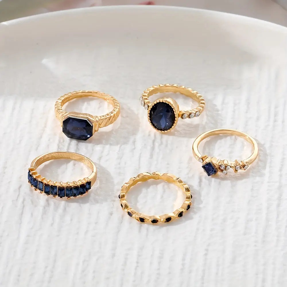 5pcs Elegant Women's Ring Set with Blue & Purple Gemstones - Golden-Toned Alloy, Rhinestone Accents