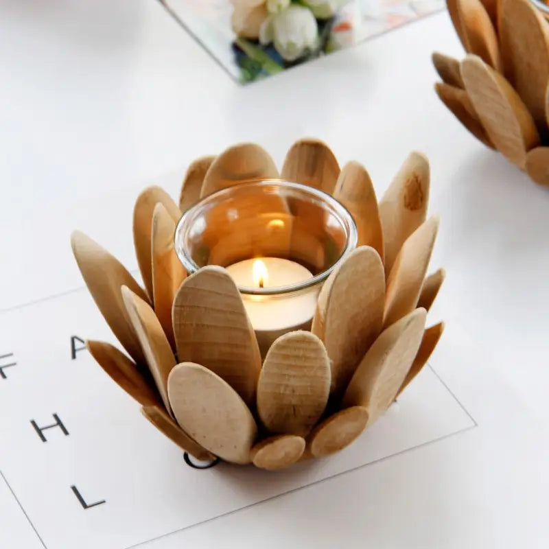 Lot de 2 bougeoirs en bois en forme de pétales de lotus – Décoration rustique avec coupelles en verre