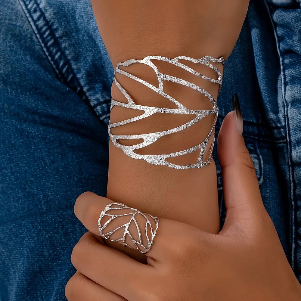 Chic Leaf Design 2pcs Jewelry Set - Open Cuff Bracelet & Ring Combo