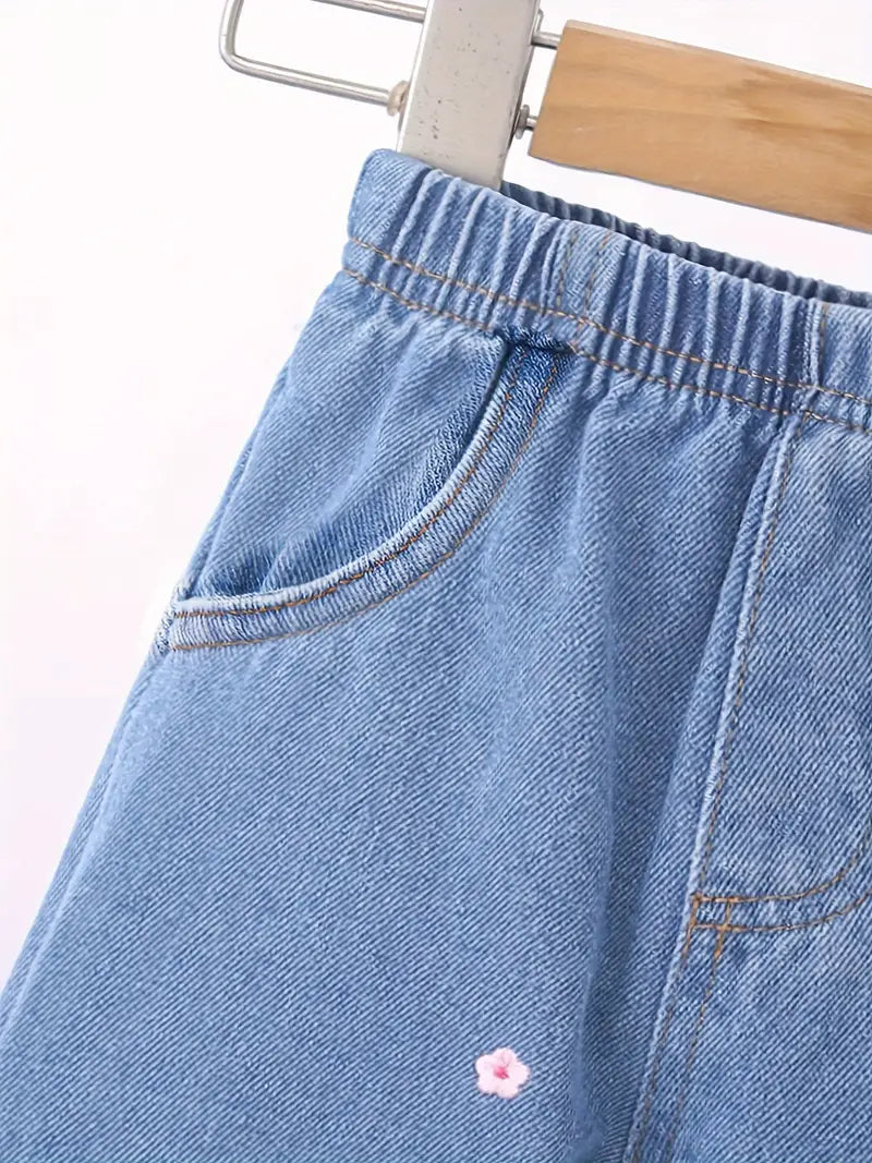 Schattige geborduurde meisjesjeans - zachte rayonmix, machinewasbaar voor herfst/winter met zakken