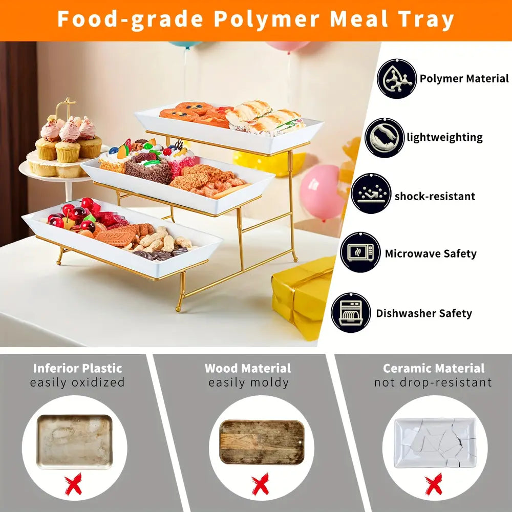 Présentoir à gâteaux pliable à 3 niveaux avec cadre en métal durable et 3 plateaux en plastique