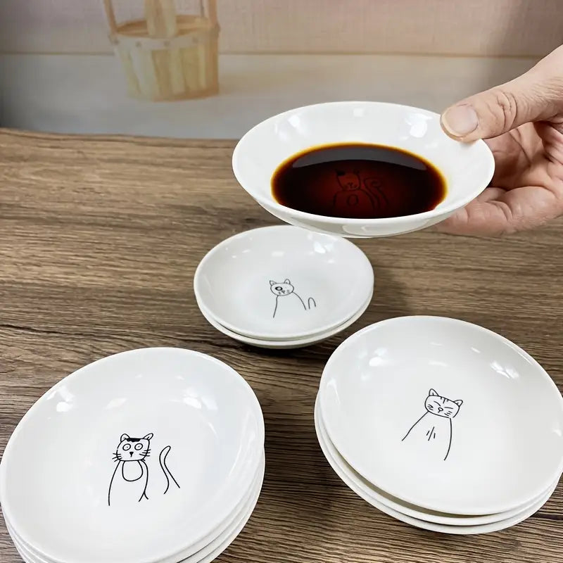 6PCS Cat-Themed Dipping Bowls – Mini Ceramic Sauce Dishes, Gift Set, Dishwasher Safe