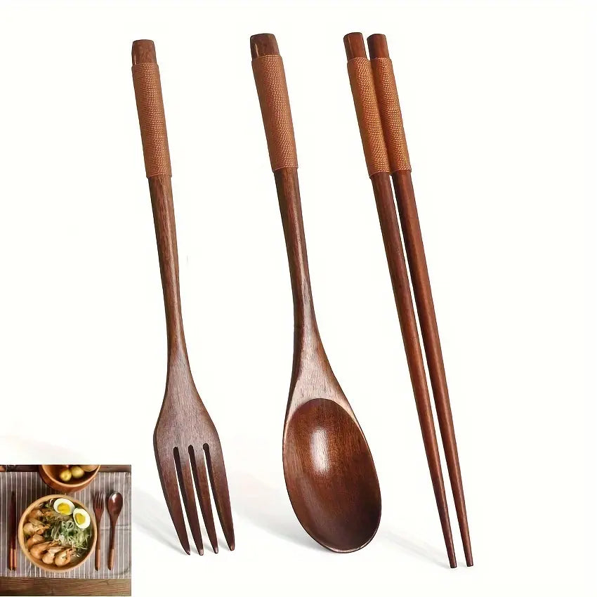 Elegante 3-delige handgemaakte houten dinerset met lepel, eetstokjes en vork