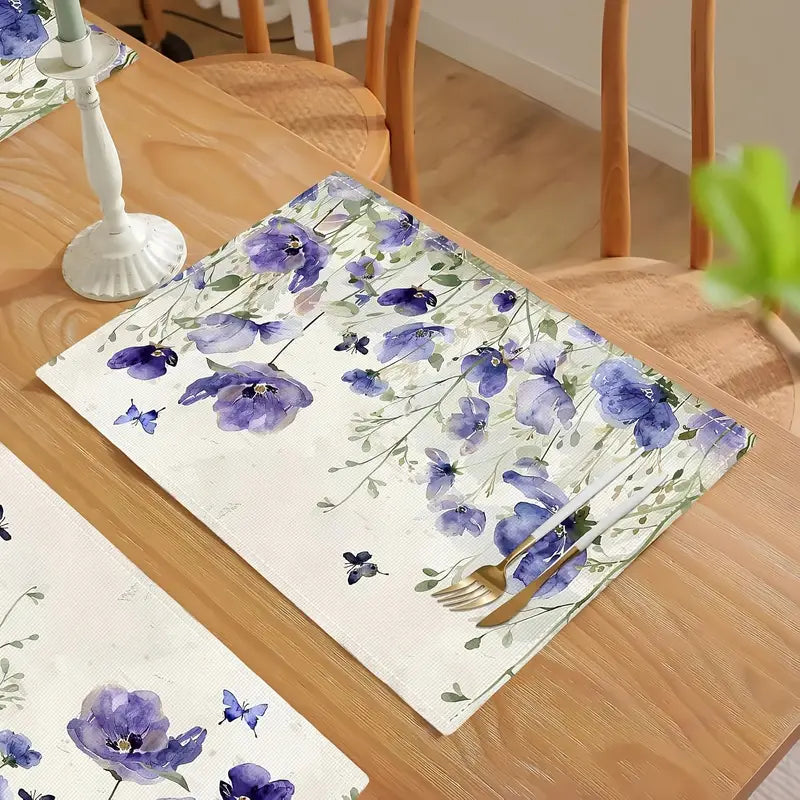4PC Rustic Floral Placemats – Butterfly & Lavender Pattern, Washable & Waterproof