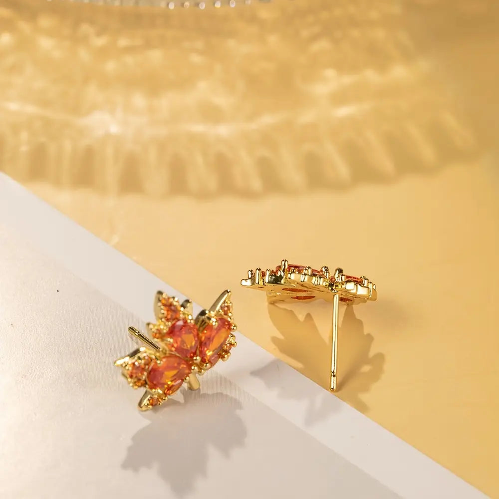 14K Golden Plated Red Maple Leaf zirconia Stud Earrings for Women