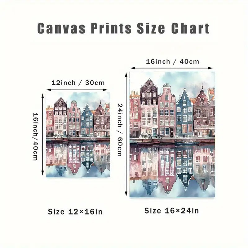 Canvas aquarel Amsterdams stadsgezicht – levendige Europese wandkunst voor thuis en op kantoor