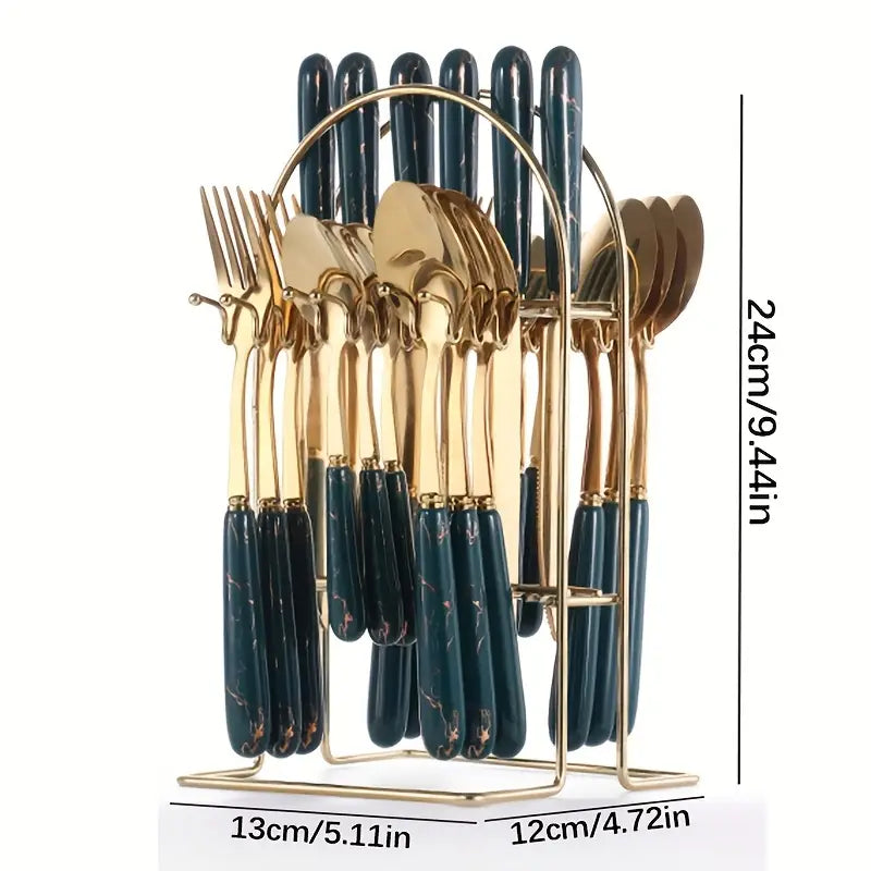 24-Piece Stainless Steel Marble Cutlery Set with Holder