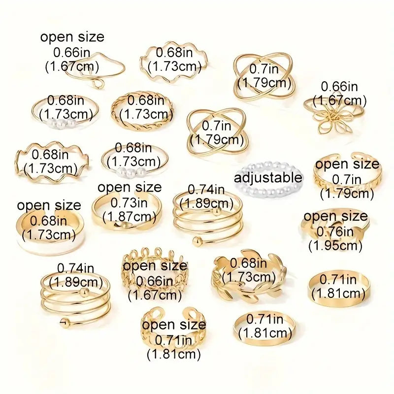 21pcs Elegant Golden-Toned Ring Set with Geometric, Floral & Olive Motifs
