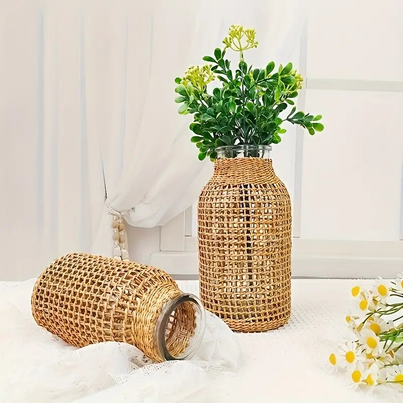 1 stuk Boho glazen bloemenvaas met rotan deksel