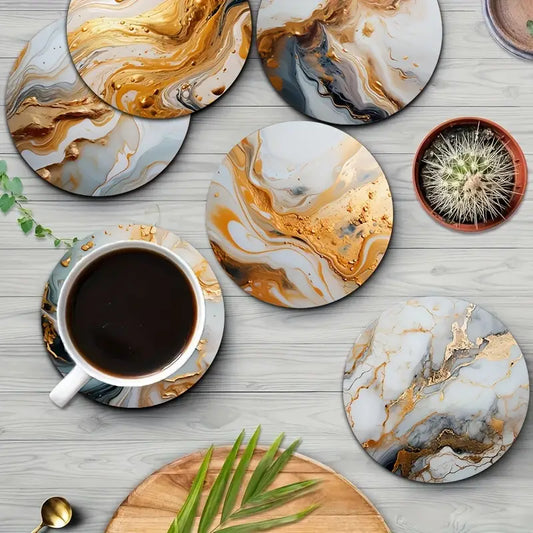 6pcs Marble White & Golden Printed Wooden Coasters Set