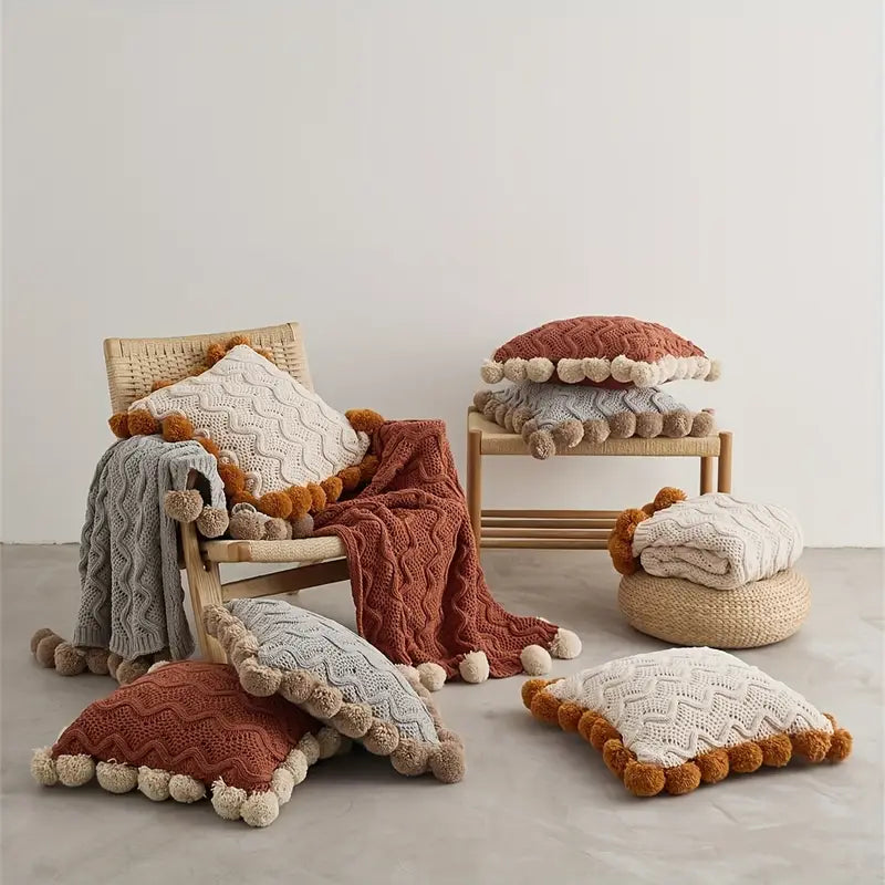 Beige Knit Throw Blanket with Pom Poms - Soft Sofa Bed Cover