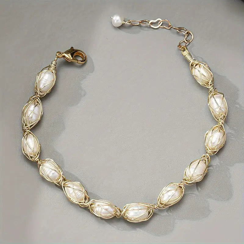 18K Gold Pearl Bracelet - Handwoven Chain Elegant Jewelry